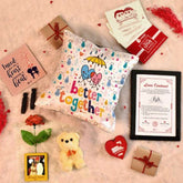 Better Together Printed Cushion and Love Message Card with Photo Magnet Valentine Gift Hamper